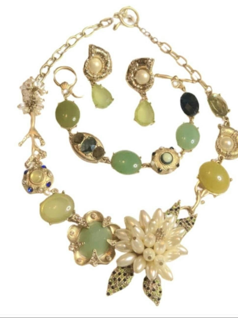 Gold-Tone Green Floral Statement Necklace & Earring Set